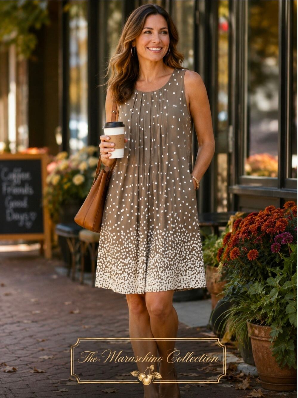 Perceptions New York Polka Dot Pleated Shift Dress Taupe White Size 16